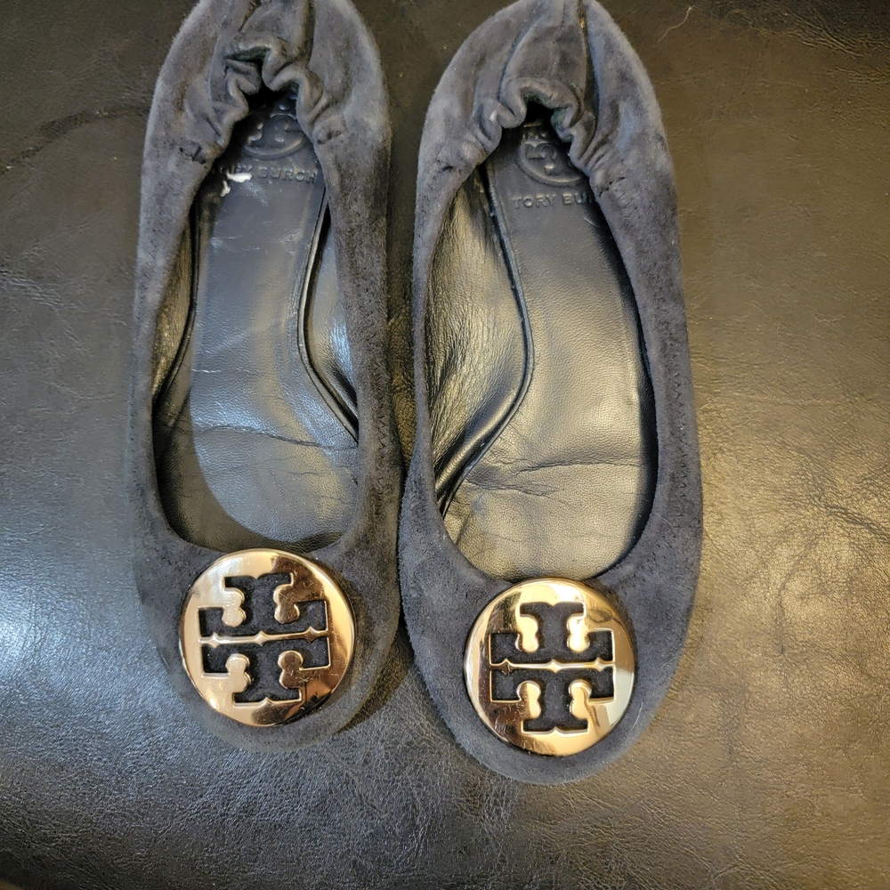 Vintage Tory Burch Reva Ballet Flats  Navy Blue Suede with Gold Logo  Women’s 7